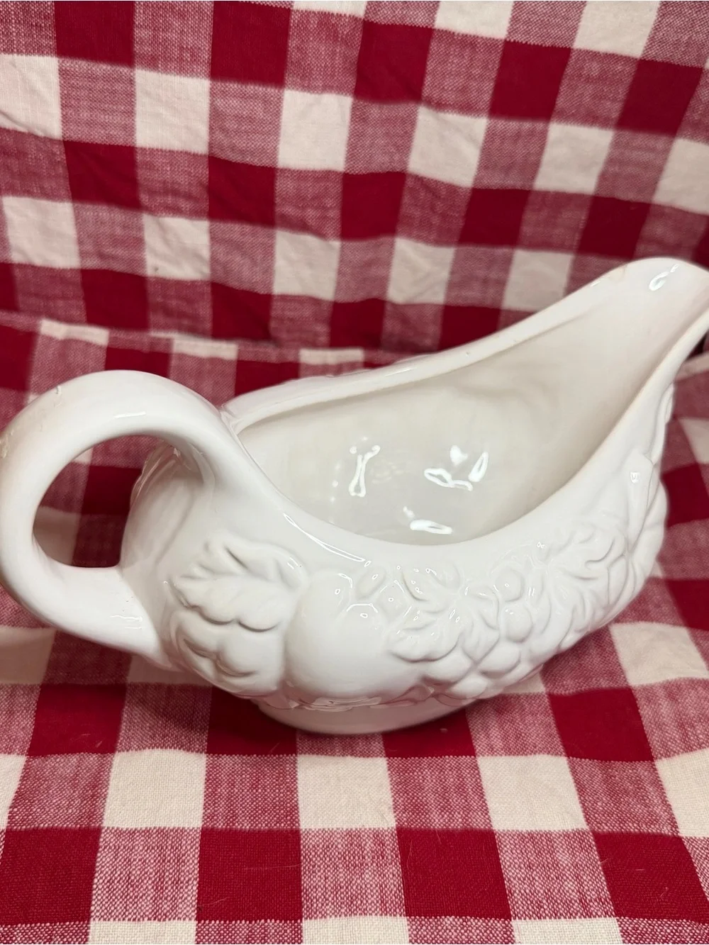 White Floral Embossed Ceramic Gravy Boat
